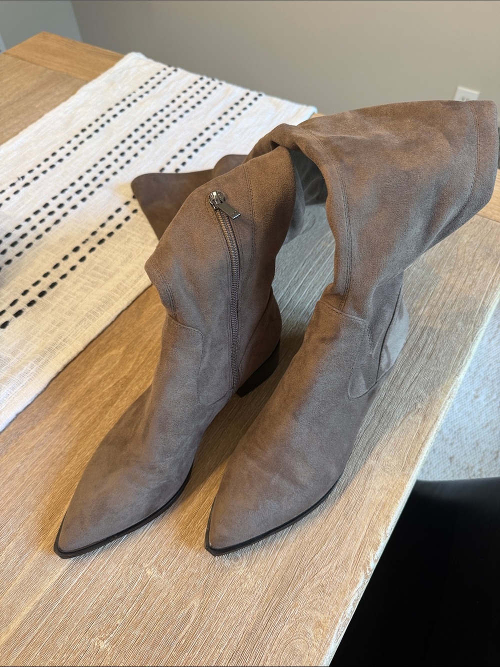 Marc Fisher Over-the-Knee Pointed-Toe Suede Boots in Taupe
